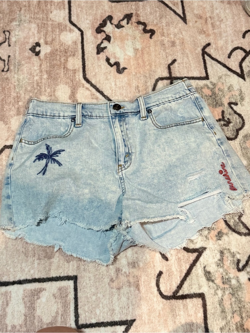 aerie Light Wash Denim Shorts with Blue Palm Embroidery